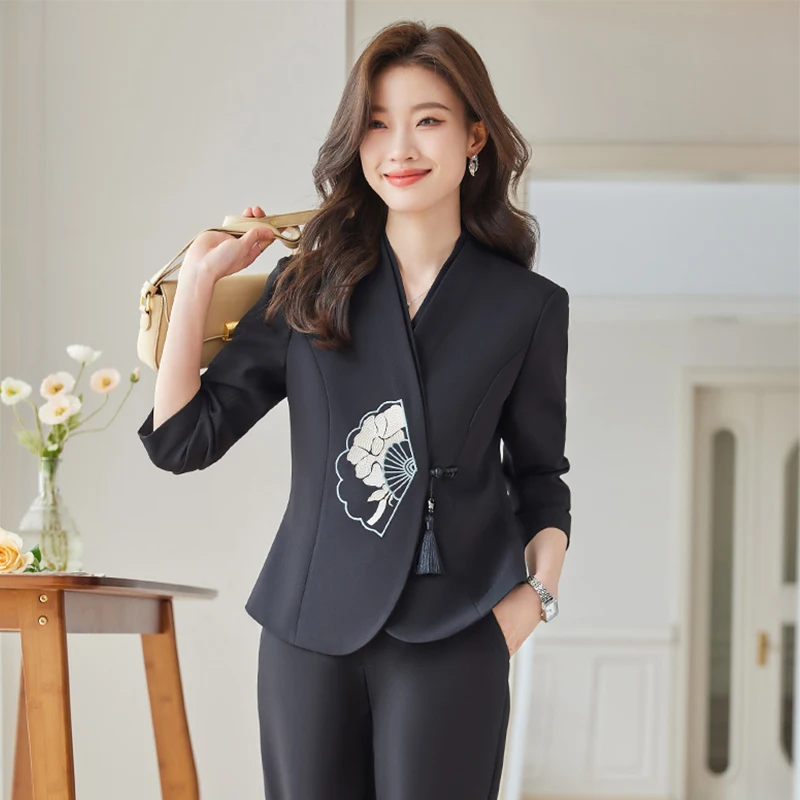 Costume de Bureau Noir Abricot pour Femme, Blazer à Manches sulf, Slim, Bouton Unique, Décontracté, Taille Haute, Pantalon Évasé, Nouvelle Mode