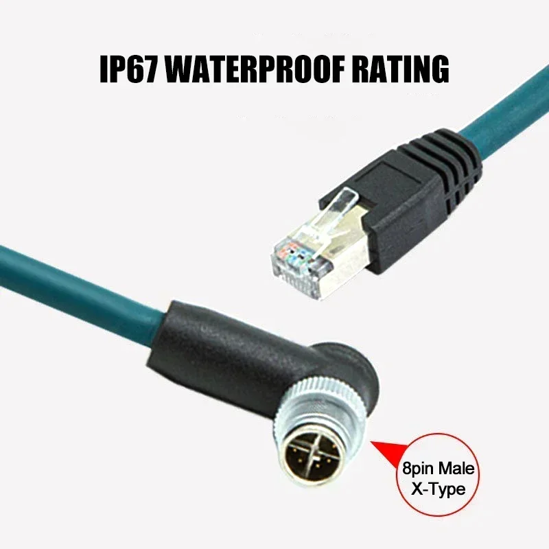 M12 Industrial Cat6 8-Pin X-Coded Male Plug to RJ45 Shielded Connector Ethernet Coded Cable for Congnex Vision Cable