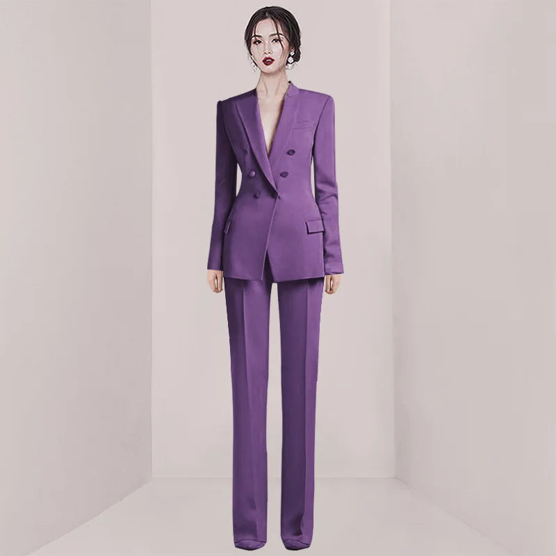 Setelan pakaian wanita elegan, setelan jas wanita elegan, Blazer + celana lurus, baju Prom ungu, bisnis Formal, jaket wanita Double Breasted, stok tersedia