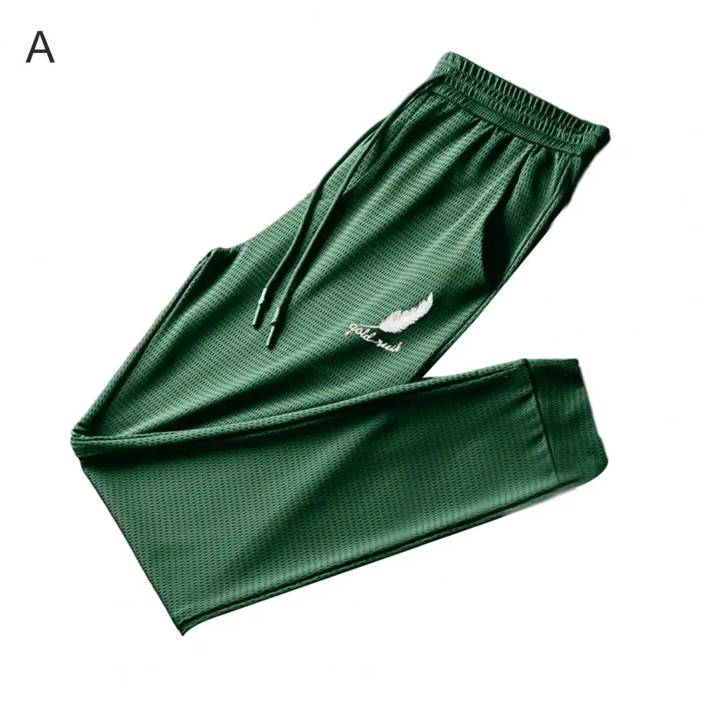 Men Casual Pants Ice Silk Mesh Feather Print Drawstring Trousers Summer Men Pockets Sports Pants Sweatpants pantalones hombre