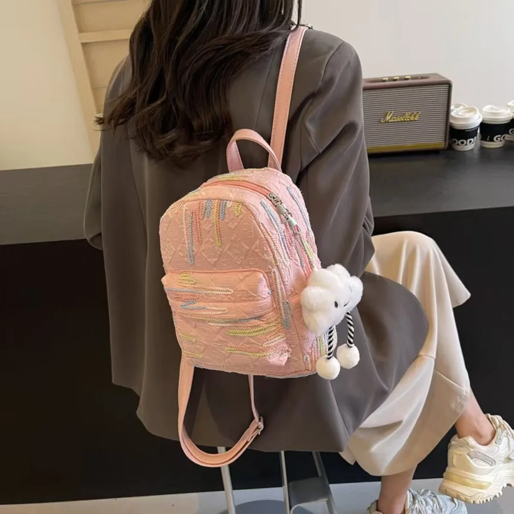 

Korean Style Canvas Rucksack Cute Color Stripe Light Spring Outing Packsack with Cloud Pendant Large Capacity School Bag Female