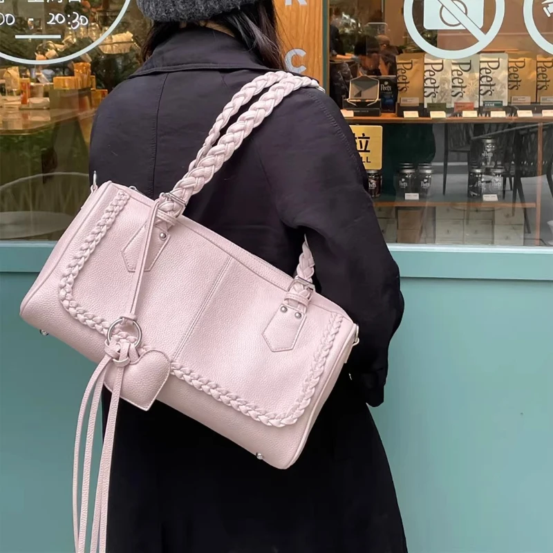 New Fashion Pink Woven Handbag Korean Large Capacity Boston Bag Simple Versatile Tote Bag With Braided Handle Chic Shoulder Bags