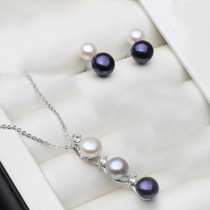 

Wedding 925 Silver Natural Freshwater Pearl Necklace And Earrings Set For Women Customers White Black