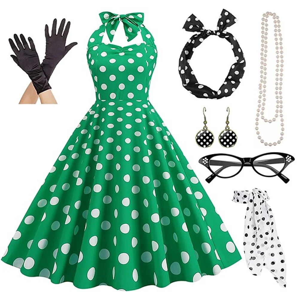 Imagem -06 - Vestido Rockabilly Feminino com Conjunto de Acessórios Bolinhas Flare Brincos Colar Bandana Óculos Luvas