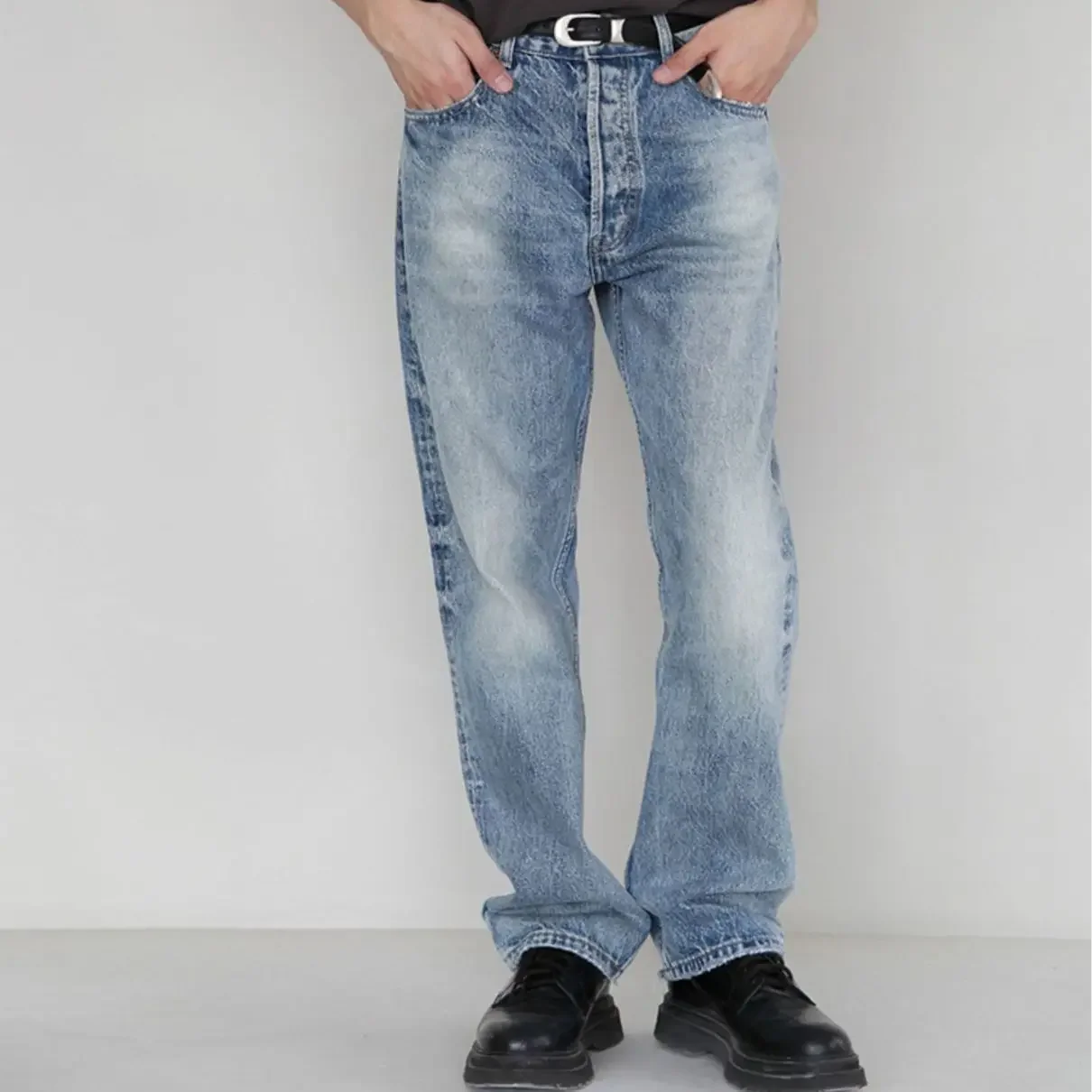 

LIBIELIY Four Seasons New Fashion Men's Casual Washed Light Blue Vintage Loose Jeans Pants Solid Color Snow Printed Denim Trouse