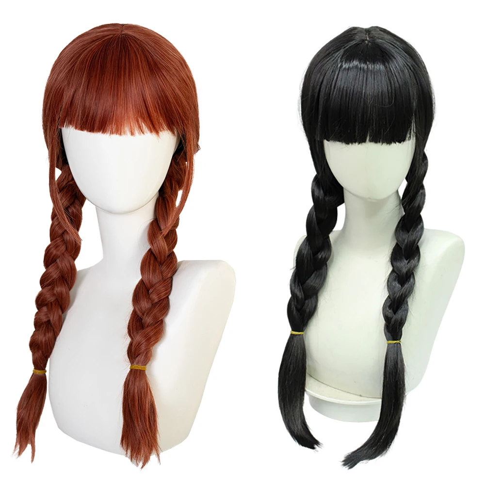 شعر صناعي من الأربعاء آدامز كوسبلاي، أسود وبني مع غرة وضفائر، مناسب للحفلات اليومية، شعر مستعار مقاوم للحرارة