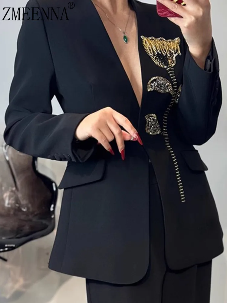 

ZMEENNA Elegant Women's Black Blazer Jacket With Exquisite Gold And Crystal Embellishments Chic Suit Coat Stylish Party ZM887