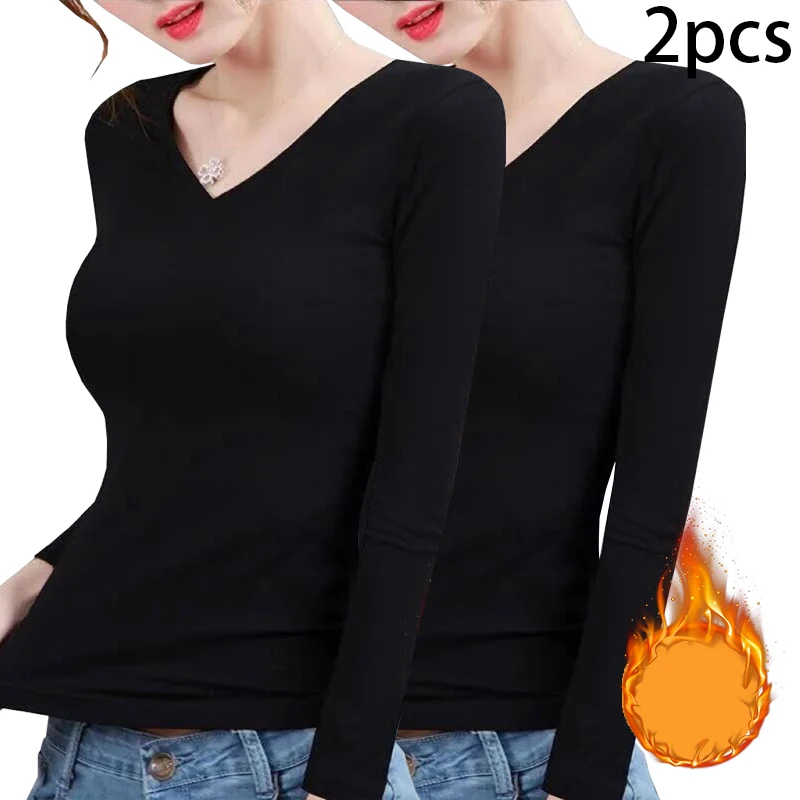 2pcs Women Autumn Winter Long-sleeved T-shirt  Lady Thermal Underwear Thick Velvet Slim Fit Fashion New Style V-neck Top