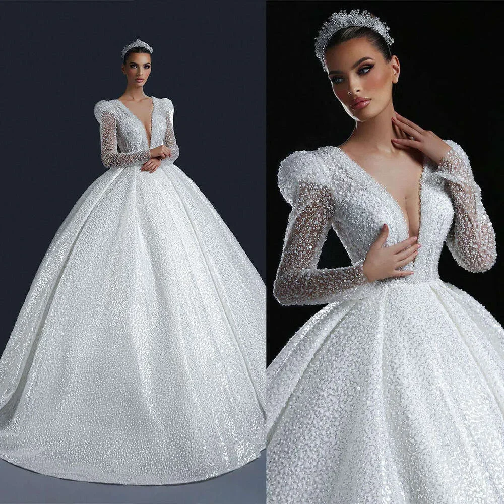 Elegant White Lace Crystal Bead Decoration Wedding Dress Sexy V-Neck Sequin Long Sleeved Bridal Gown Vestido De Noiva Customized