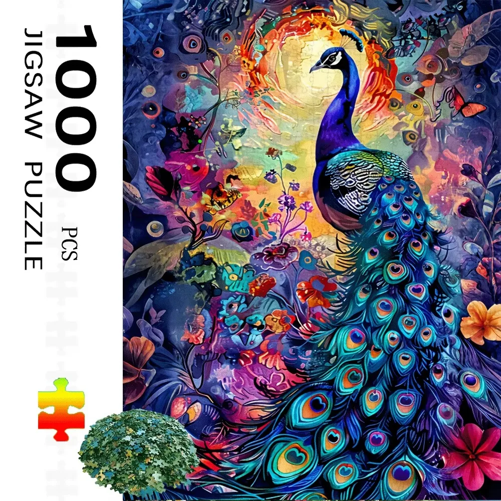 500/1000Pcs Jigsaw Puzzles Vibrant Peacock & Floral Paper Challenging Family Activity Games for Gameroom Bedroom Livingroom Gift