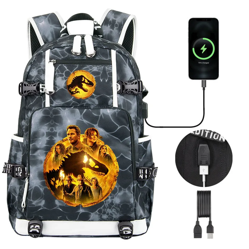 Jurassic World Dominion 3 zaino per bambini di alta qualità ragazzo studenti zainetto ricarica USB borsa a tracolla per Laptop per adolescenti