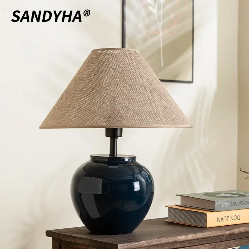 SANDYHA Nordic Ceramic Floor Lamp Unique Hollow Design Modern Home Decor Bedroom Living Room Study Accent Cotton Hemp Shade