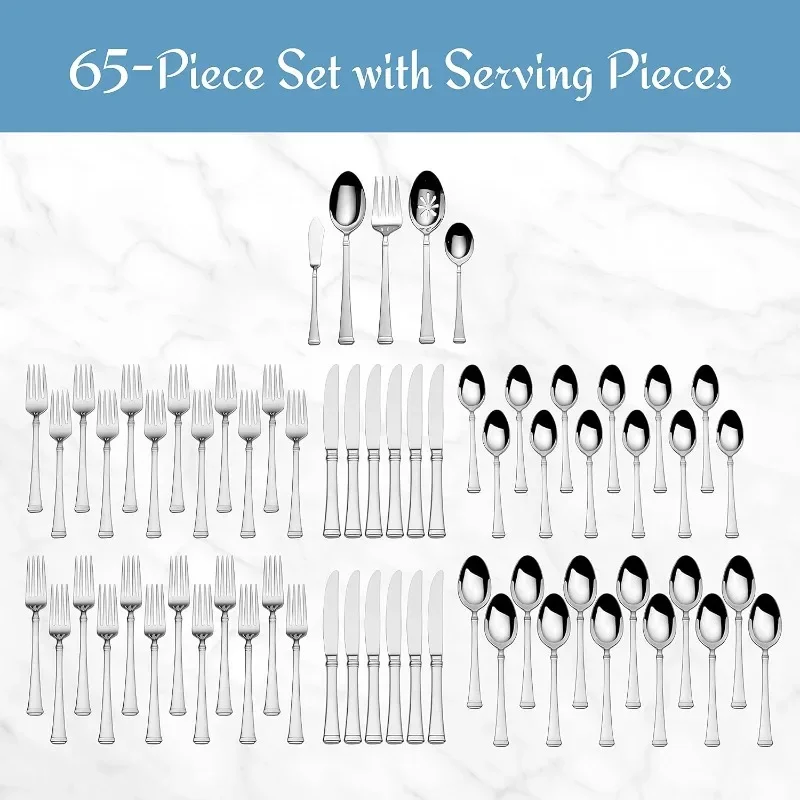 Harmony Flatware Service for 12, 65 Piece Set, 18/10 Stainless Steel, Silverware Set with Serving Utensils