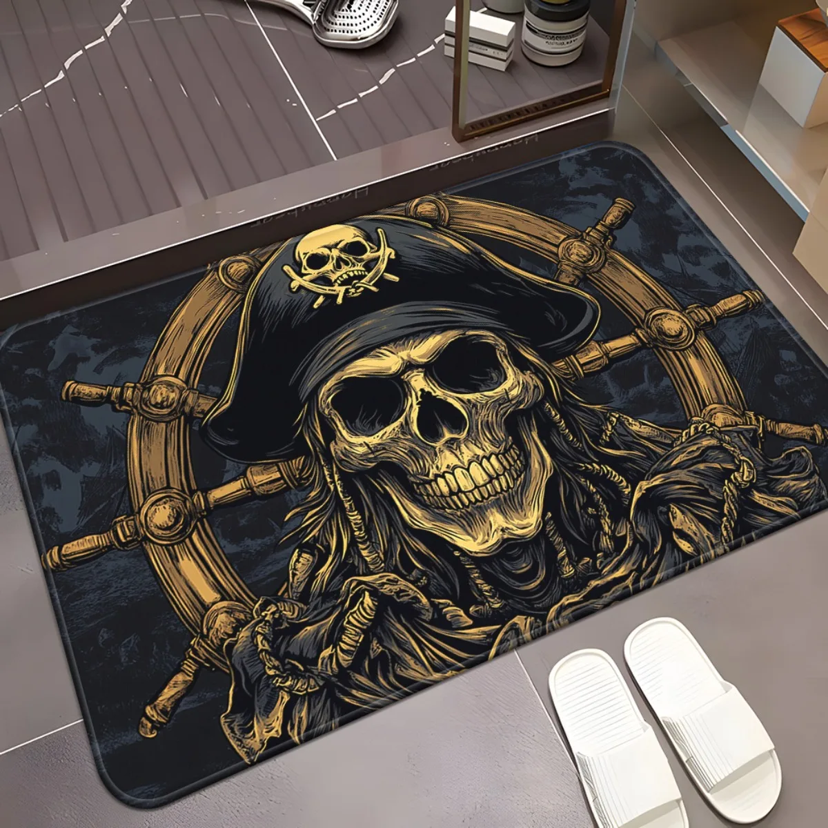 1pc 2D Flat Pirate Captain Skull Ship Wheel Gold Black Flannel Area Rug Non Slip Adventure Theme Carpet For KidsRoom GamingDecor
