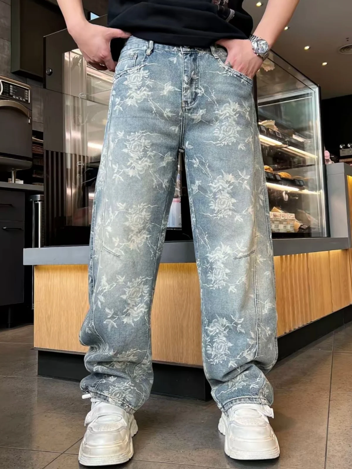 

Весенние мужские повседневные джинсы с цветочной вышивкой, свободные, прямого кроя, дышащие, удобные, модные, универсальные джинсовые брюки