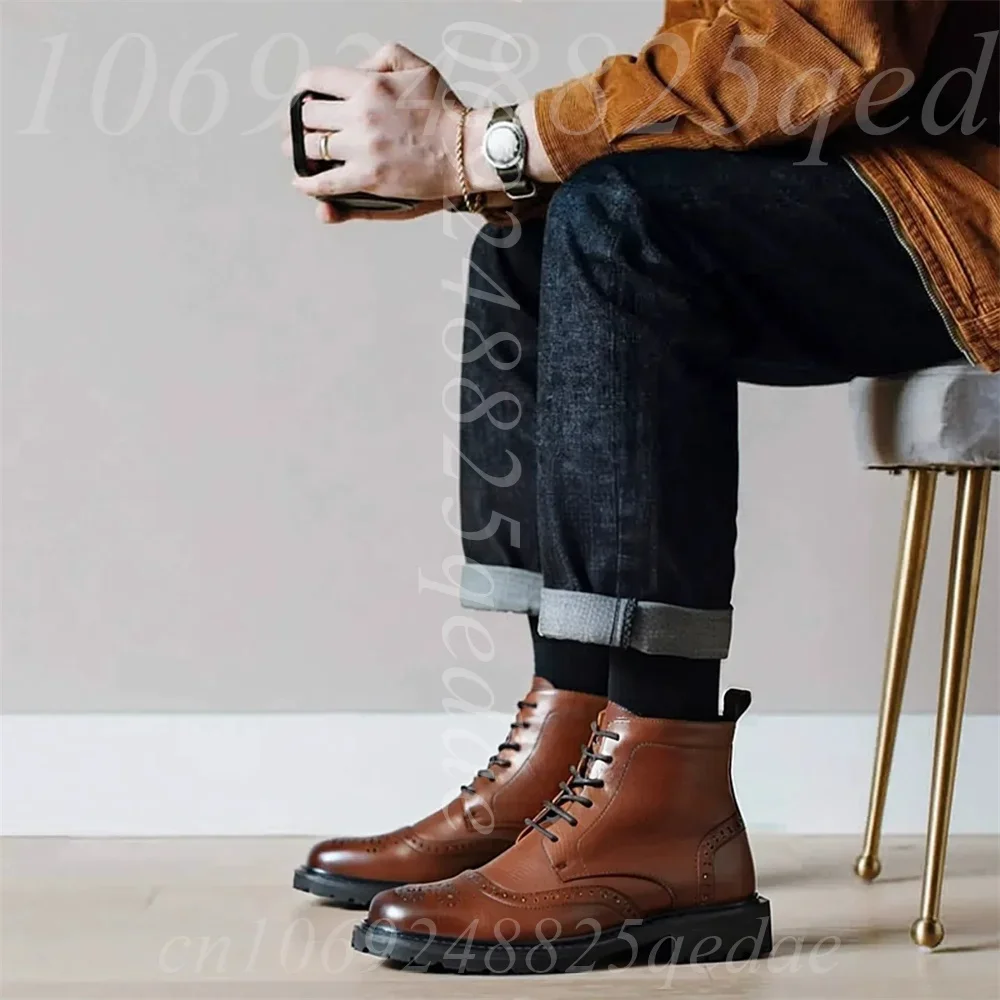 Men's Classic Brogue Combat Boots, Lace-Up Closure, Wingtip Design, Heavy-Duty Lug Sole, Comfortable & Durable Casual Footwear