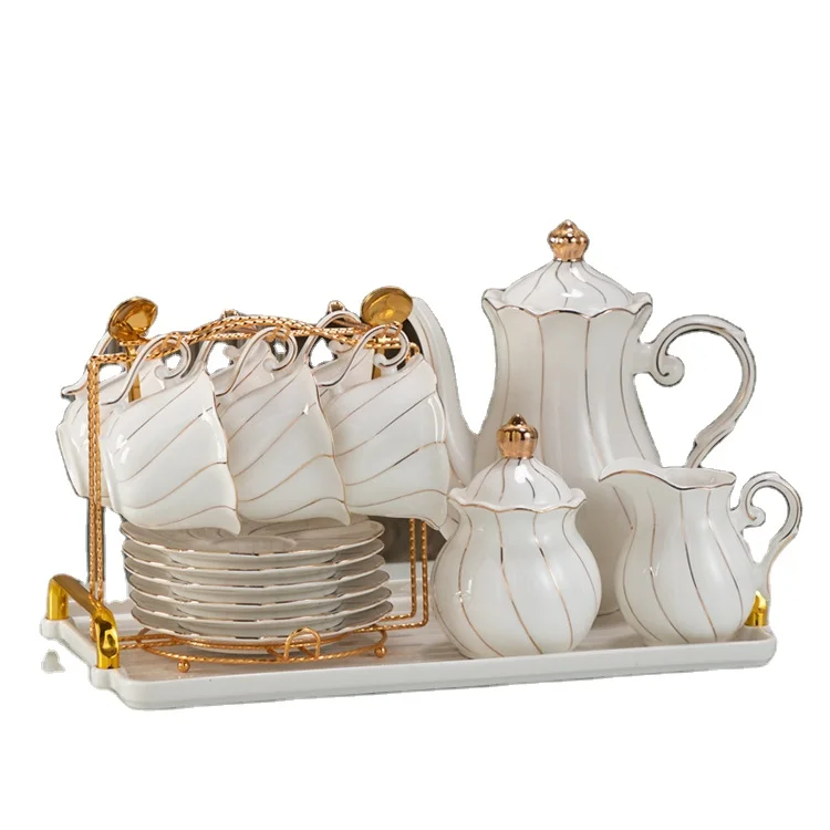 Portable Luxury Fine Porcelain Ceramic Tea Set 23 Pcs Royal British Style Custom Golden Design Coffee & Tea Cup Set