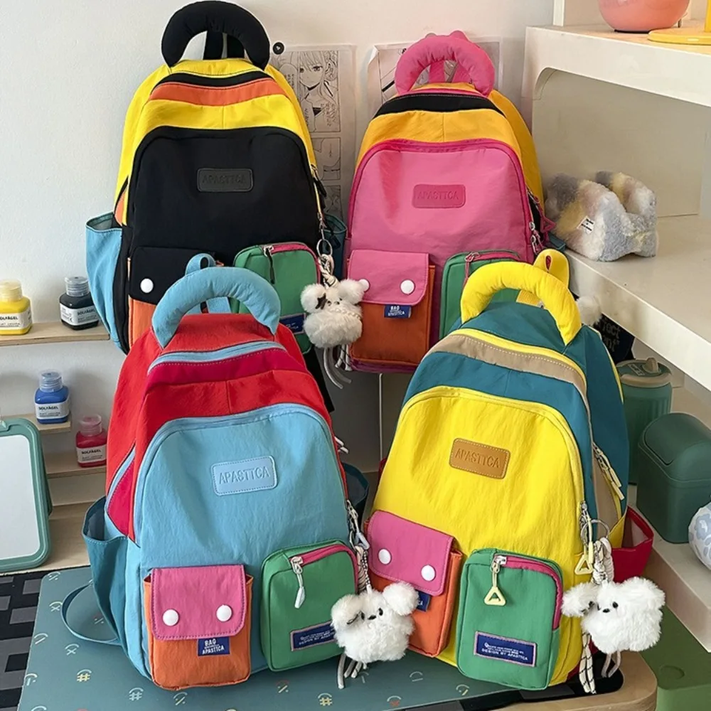 Nylon fabric lightweight student backpack, spliced color contrasting multi-pocket large-capacity travel computer backpack
