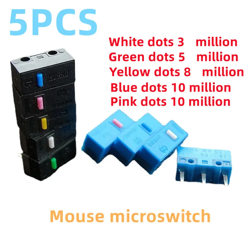 New HUANO 5PCS 3Pin Black Shell  White Green Yellow Blue Pink Dots 3 5 8 10Million Mouse MicroSwitch Button