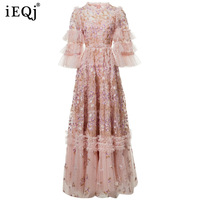 IEQJ Fashion Pink Embroiery Dress Women's Round Neck Slim Multilayer Ruffles Half Sleeves Ankle-length Dresses Summer New 3A129