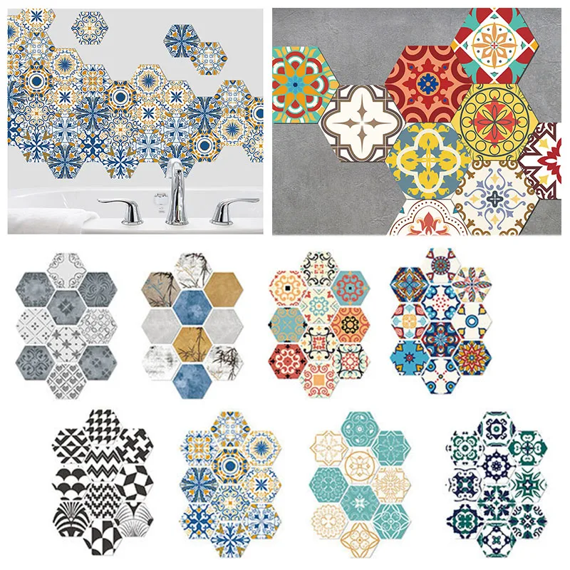 10Pcs Waterproof Hexagonal Floor Tile Sticker Adhesive Art Mural Home Wallpaper For Kitchen Bathroom Tables Hard-wearing Decals