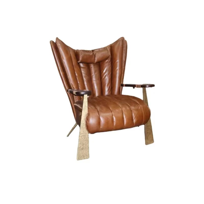 Luxury leather sofa chair, modern Nordic style metal frame, brown retro cigar-shaped lounge chair