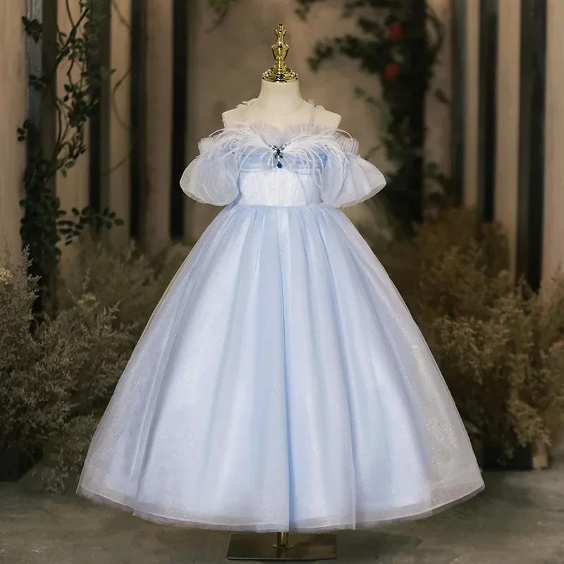 Luxury Shoulder Puff Sleeve Dress Performance Princess Dresses Tulle Teenager Clothing Backless Children for Wedding Gown Summer