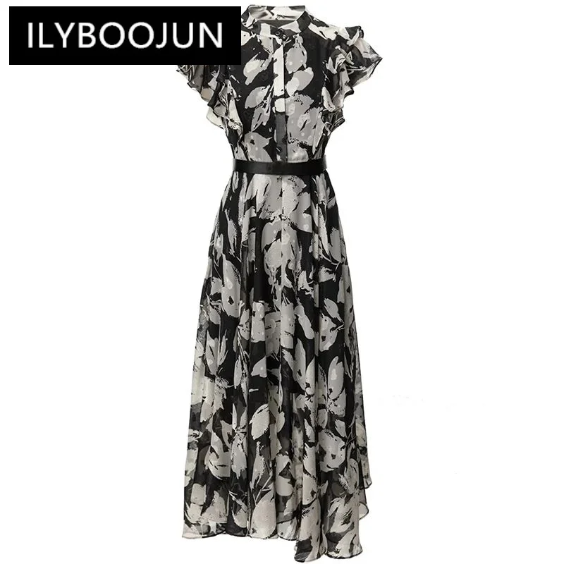 

ILYBOOJUN Fashion Designer Summer Vintage Print Dress Women's Stand Collar Flying sleeve Sashes Single Breasted Dresses