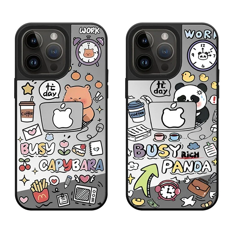 Funda de teléfono magnética con espejo de oso Panda de oficina para IPhone 11 12 13 14 15 16 Pro Max funda para IPhone 16 Pro Max