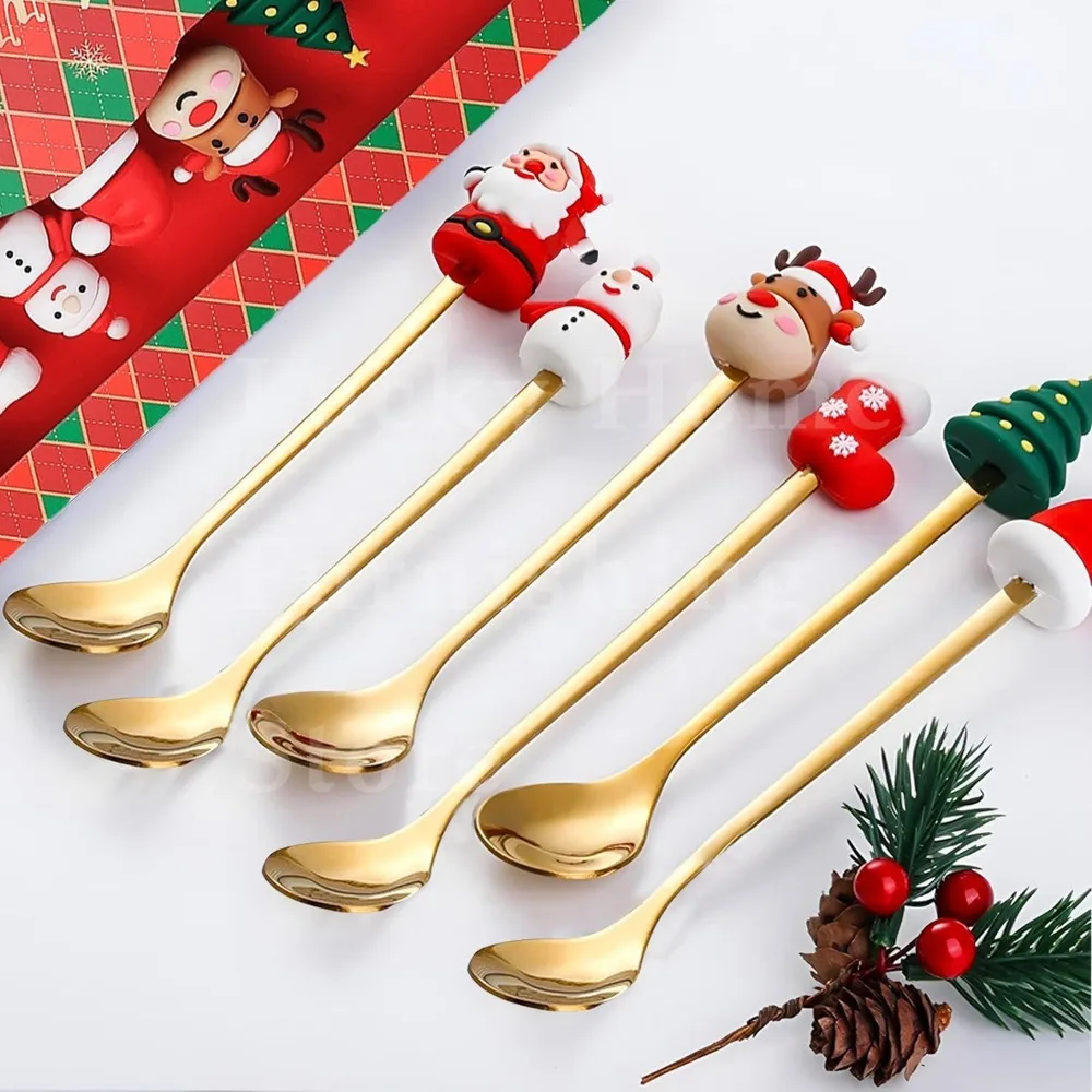 

4 шт., рождественский набор столовых приборов из нержавеющей стали, десертная ложка, вилки, рождественские подарки, рождественские украшения с изображением лося, кофейная ложка, набор столовых приборов