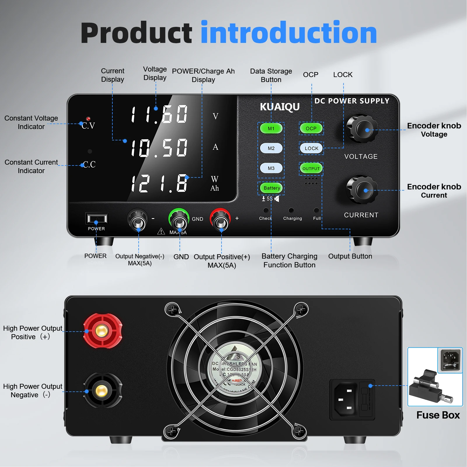 KUAIQU 600W, 900W, 1200W Hochleistungs-DC-Netzteil variabel, 12V, 24V, 30V, 48V, 60V einstellbares geregeltes Netzteil zum Aufladen von Batterien, geeignet für Batterien ohne BMS – Detail 5