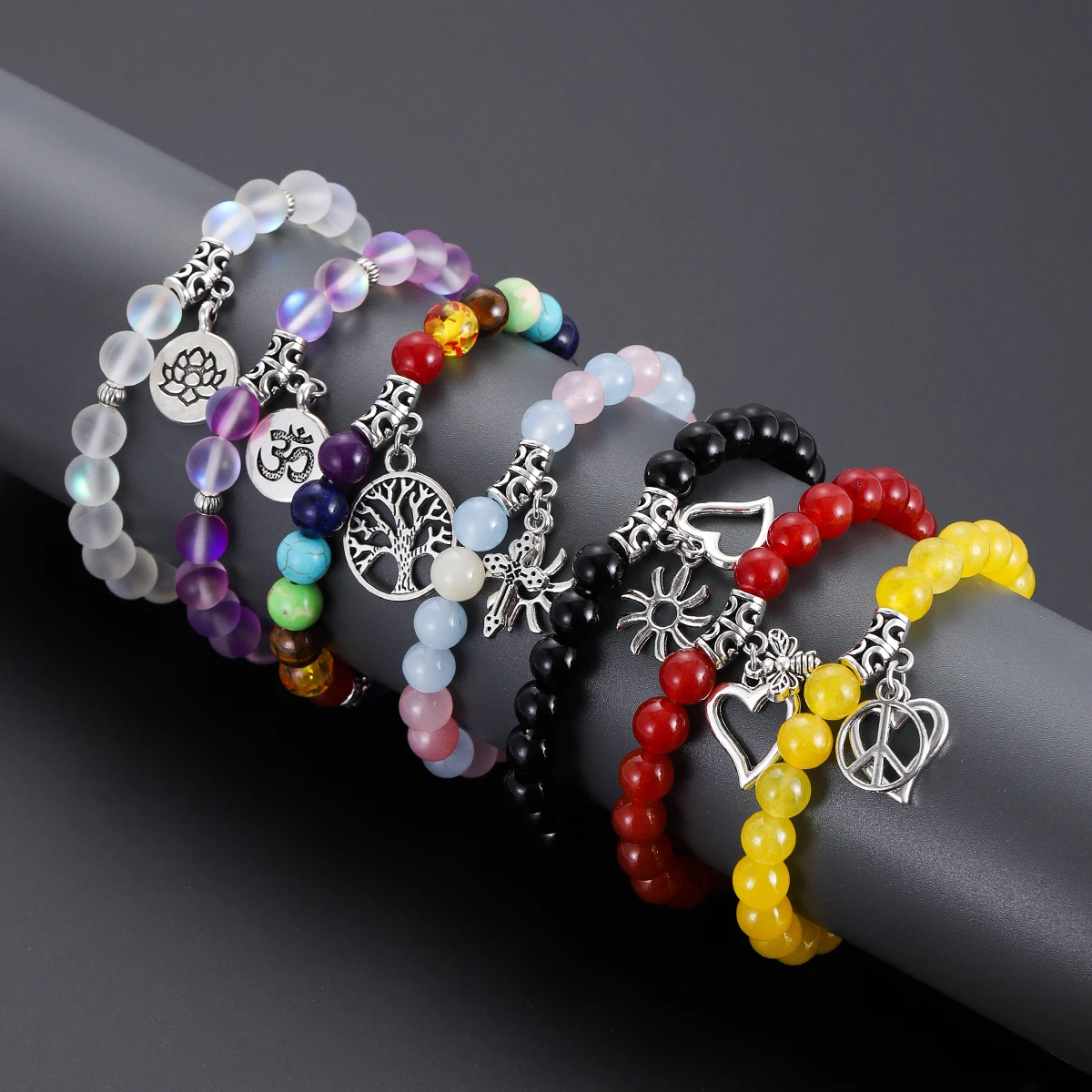 Fashion Silver Color Pendant Stone Bracelet for Women Men Amethysts Crystal Quartzs Lotus Heart Charm Pulseras Bracelet Jewelry