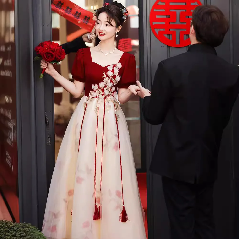 

Ele Red Wedding Dr Square Collar Long Skirt High Waist A-Line Skirt for Wedding Reception Return Home Ceremony