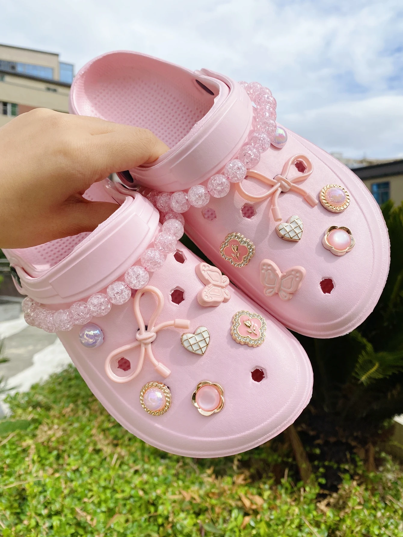 16 pink (bow, little butterfly, flower, heart, broken bead chain) accessories - easy-to-install detachable DIY decorations for c