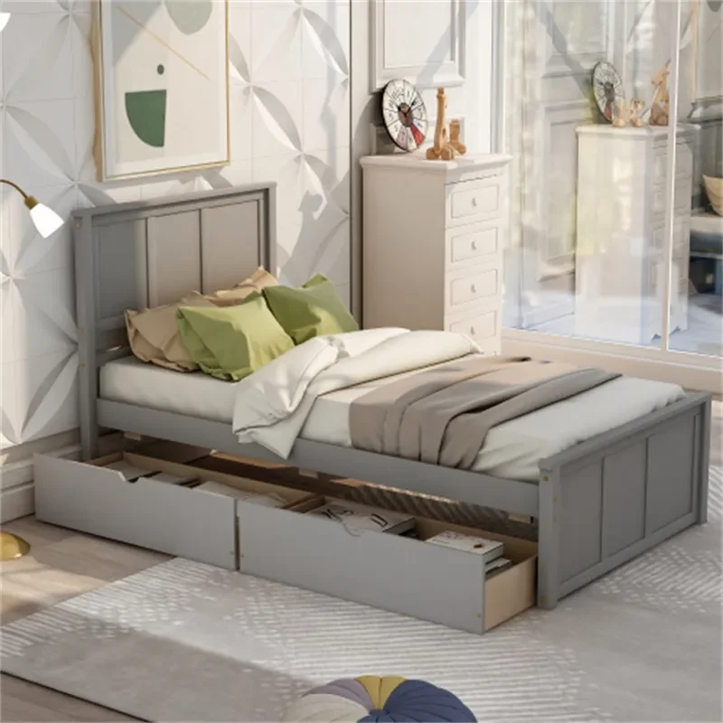 

Gray Platform Storage Bed 2 Drawers With Wheels Twin Size Frame Easy To Assemble Durable And Sturdy For Bedroom Furniture