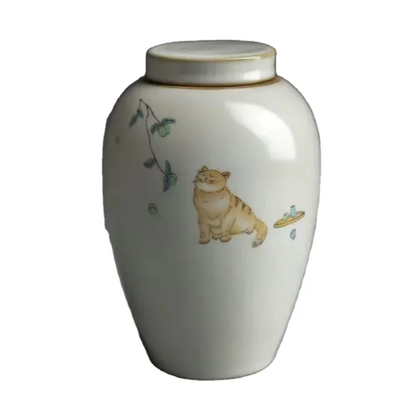 Exquisite Ceramic Cat Urn Traditional Classical Chinese Painted Ice Crack Pet Urn Individual Exquisite Custom Packaging