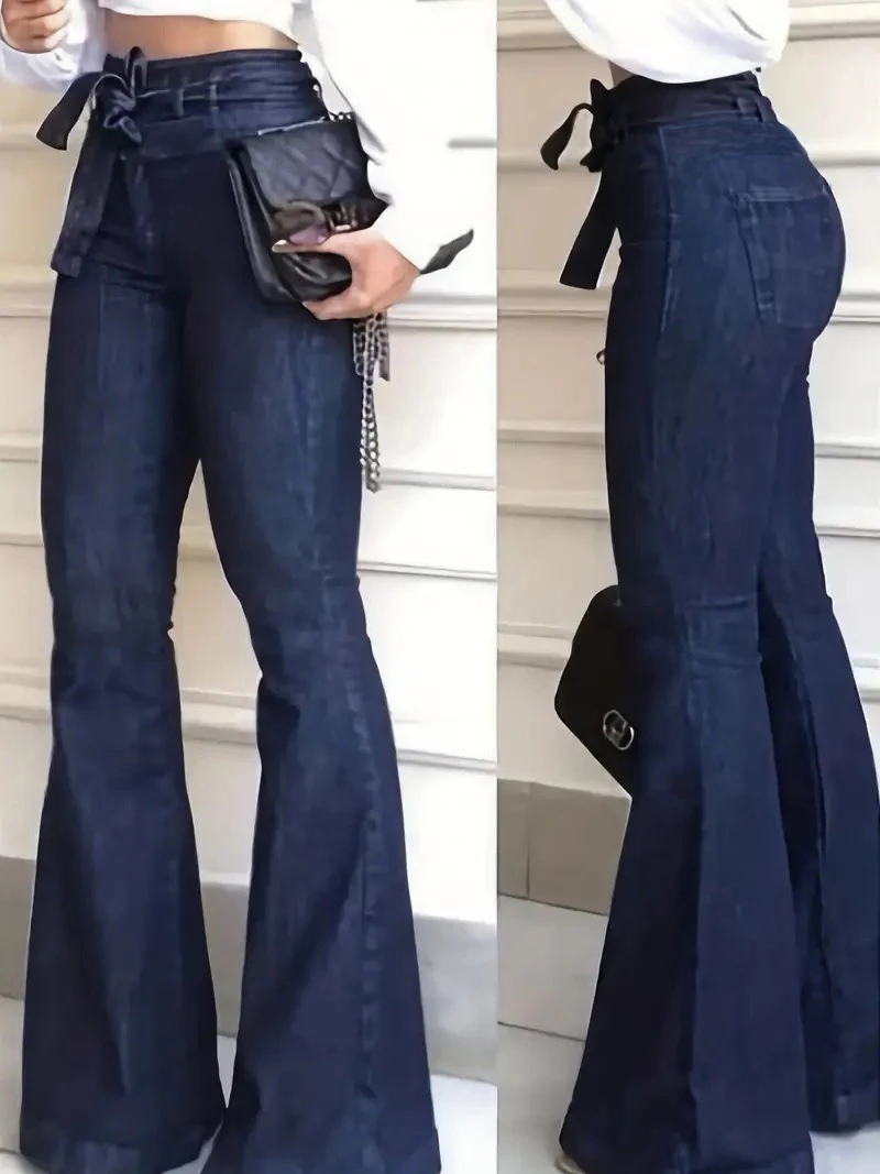 Jeans de Mujer, Corte de Campana, Cintura Alta, Color Azul Oscuro, Elásticos, con Cinturón, Efecto Alargador de Piernas