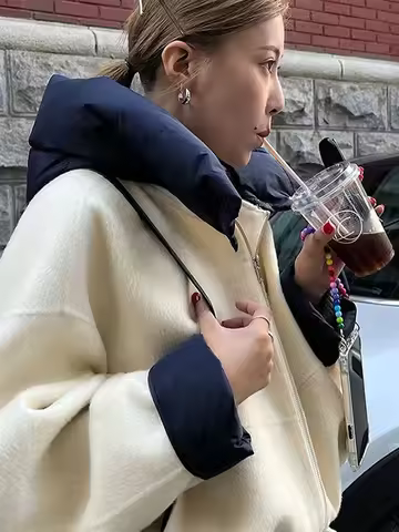 Hooded Woolen Jacket Coat Large Pocket Metal Button Commute Women Short Overcoat Contrast Color Outwear Loose Casual Blouse