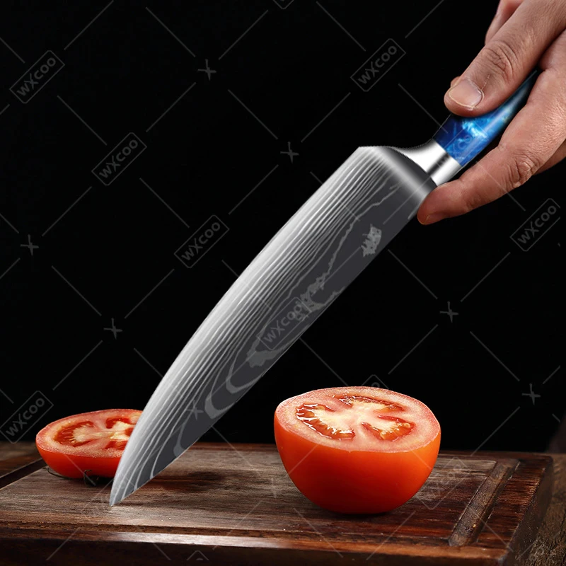 WXCOO Acciaio inossidabile Mannaia da macellaio per carne Damasco Modello laser Coltelli da cucina Coltello per disossare affilato Coltello da chef multiuso