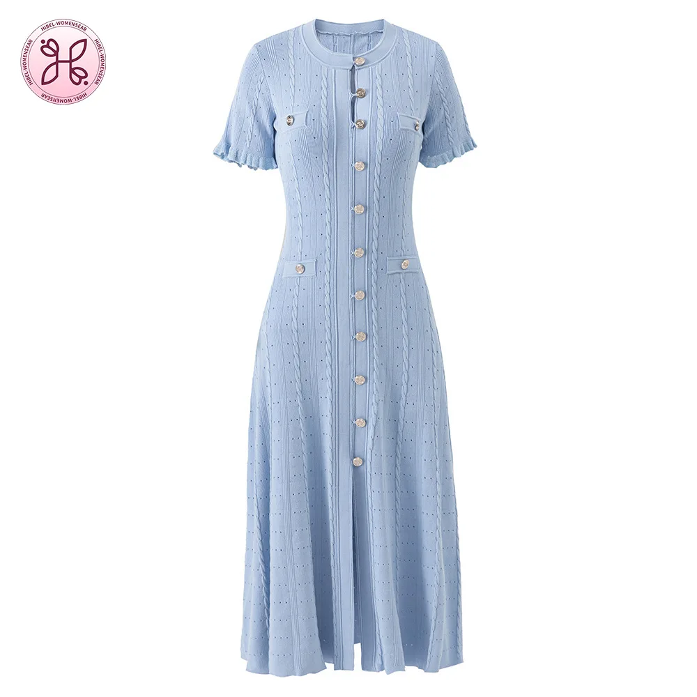 

2025 Summer Light Blue Ruffle Sleeve Dress | Silver Metal Button Flared Dress | High Quality Women's Dresses