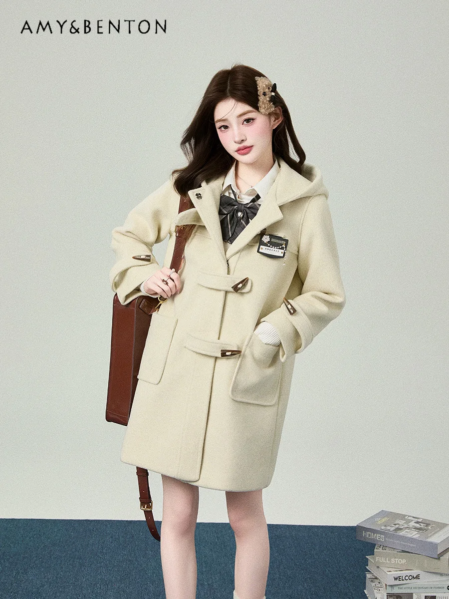 

Осень-зима, новое корейское стильное студенческое ветровое пальто на пуговицах, белое, розовое, шерстяное пальто средней длины, свободная повседневная серая стеганая куртка с капюшоном