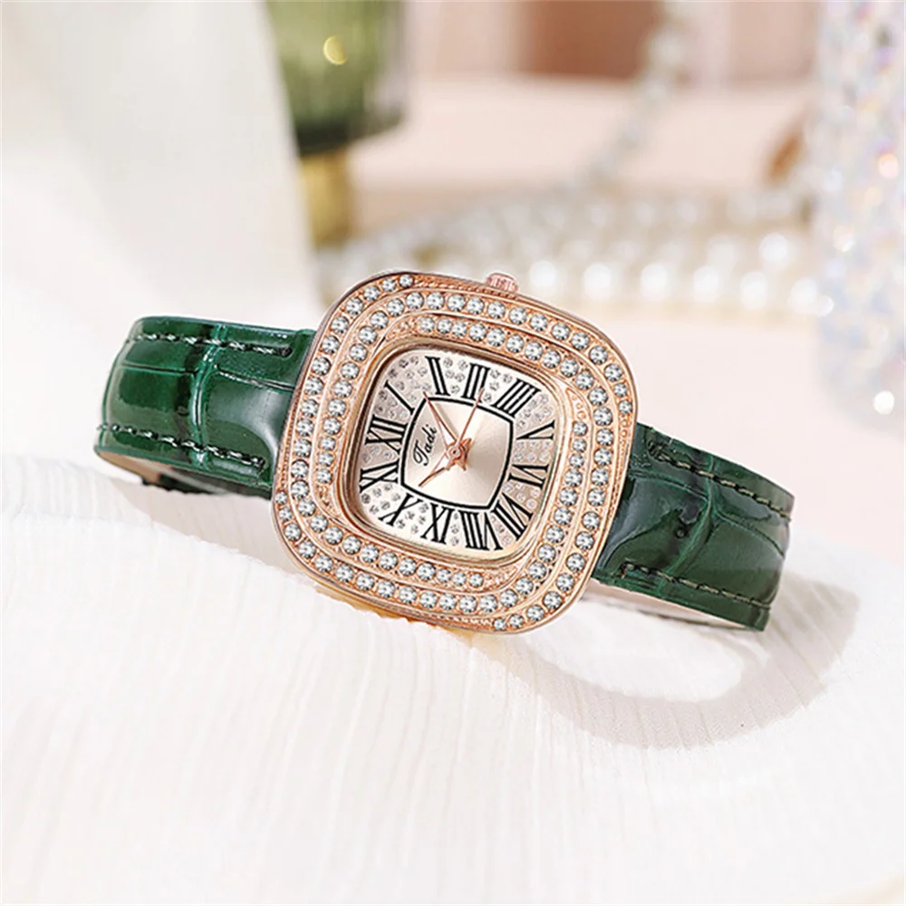 Luxury Roman Square Diamonds Ladies Quartz Watch Casual 2024 Green Leather Women's Business Clock Gift Wristwatch