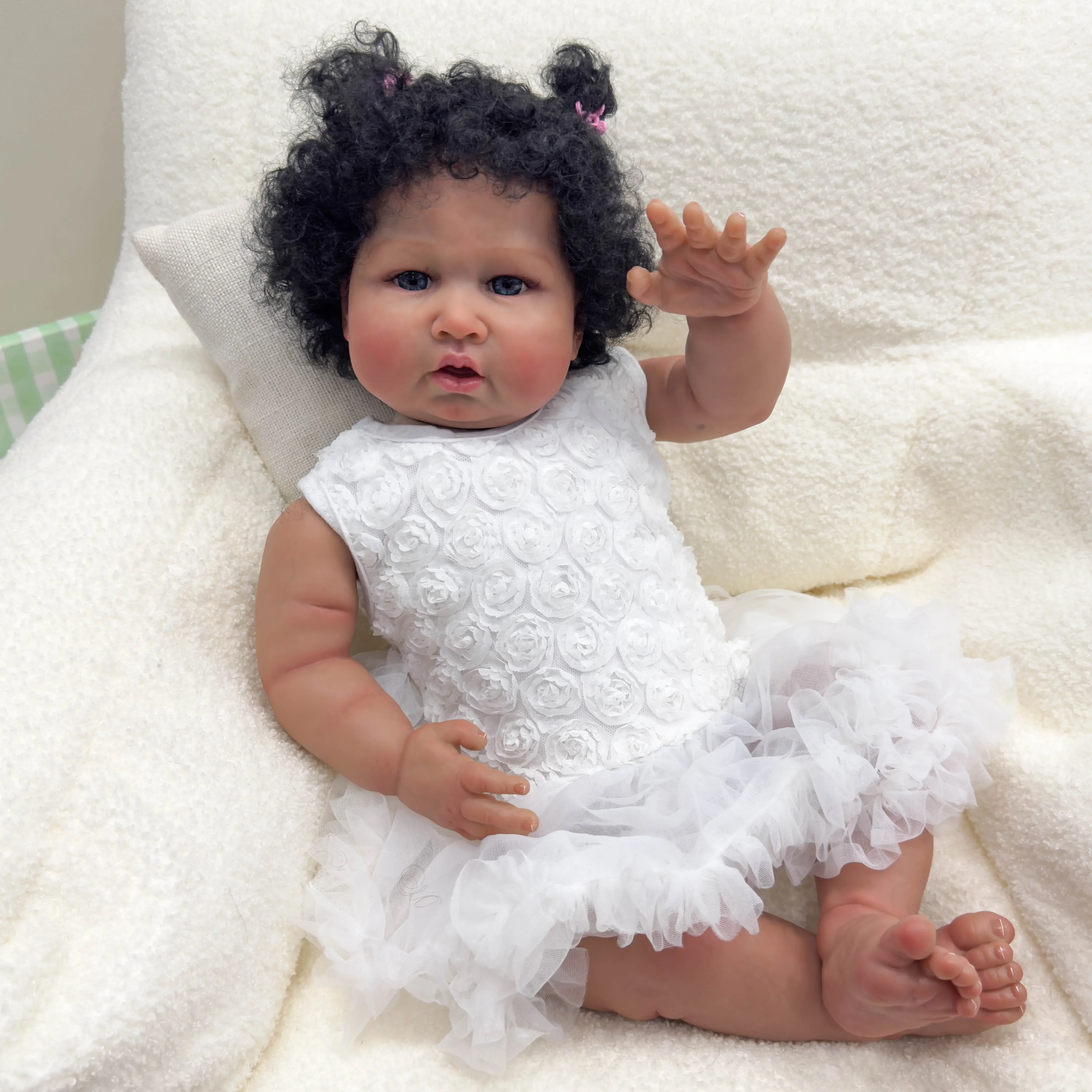 

24inch Blue Sparrow Dark Skin Cloth Body Reborn Baby Toddler Newborn Doll Lifelike Soft Touch Art Doll with Hand Root Hair