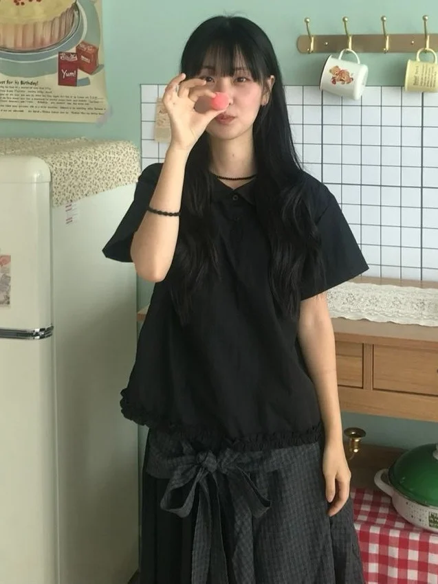 

Sweet Doll Collar ort Sve irt Women's Sle Korean Loose Fit Summer New Arrival Top Wood ain Detailing