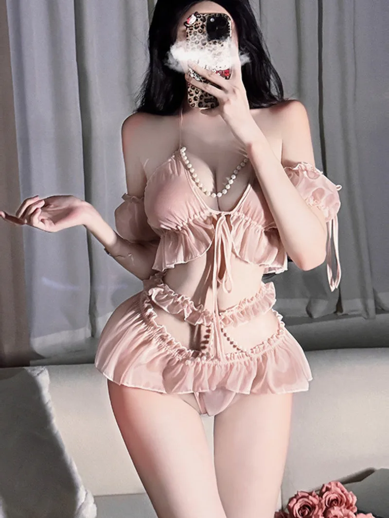 Exposed Chest Sexy Seductive Princess Cute Outfits For Women Sexy Bare Buttocks Pearl Chain Lace Splicing Women's 2-piece 6HCV