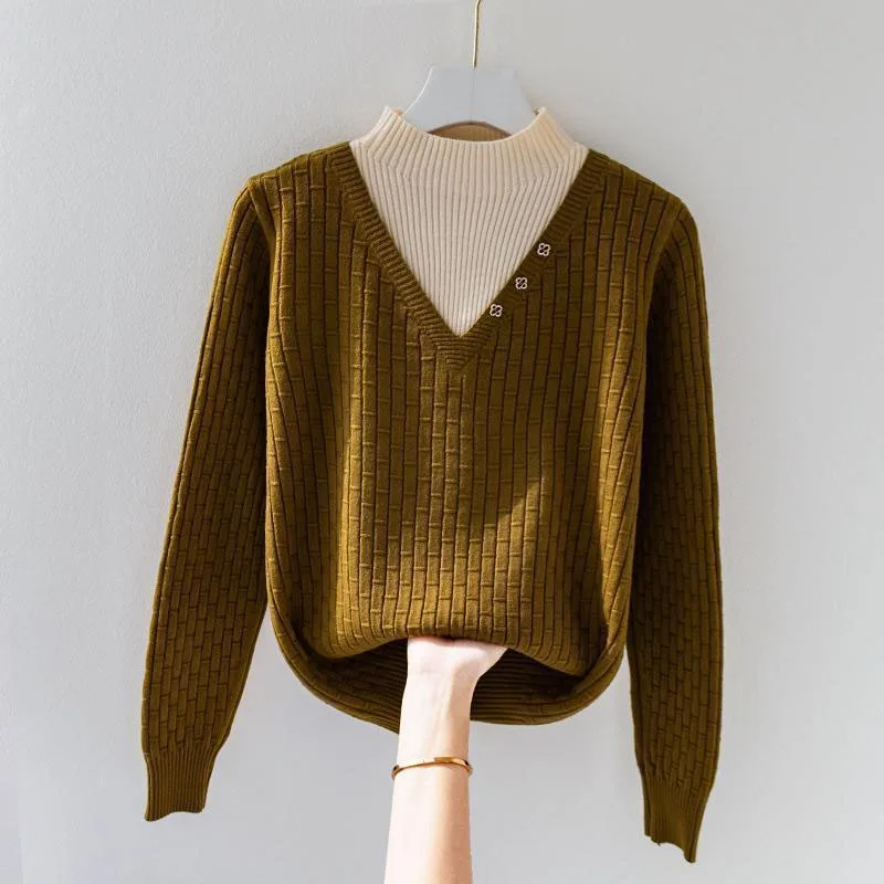 New Autumn/Winter Fashion Korean Edition Retro Fake Two Piece Half High Neck Loose Versatile Western Women's Knitted Sweater