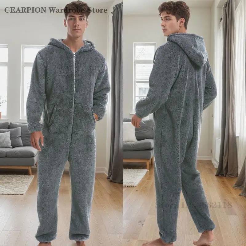 Autumn Winter Men's Thick Coral Fleece Sleepwear Hooded Warm One-Piece Pajamas Male Plus Size Nightwear Loose Casual Home Wear