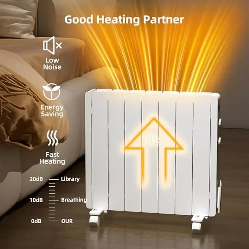 سخان لوحة كهربائي على الحائط/مبرد ألومنيوم قائم بذاته، شاشة LED، مؤقت ترموستات قابل للتعديل، حماية السلامة 1500 وات، أبيض