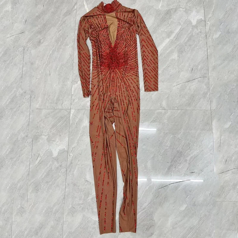 Combinaison à Manches sulfavec Strass Rouges pour Femme, Tenue de brevJazz, Bar, Discothèque, Dj Ds, Costumes Tricotés, Vêtements de Rave de Scène, XS7703