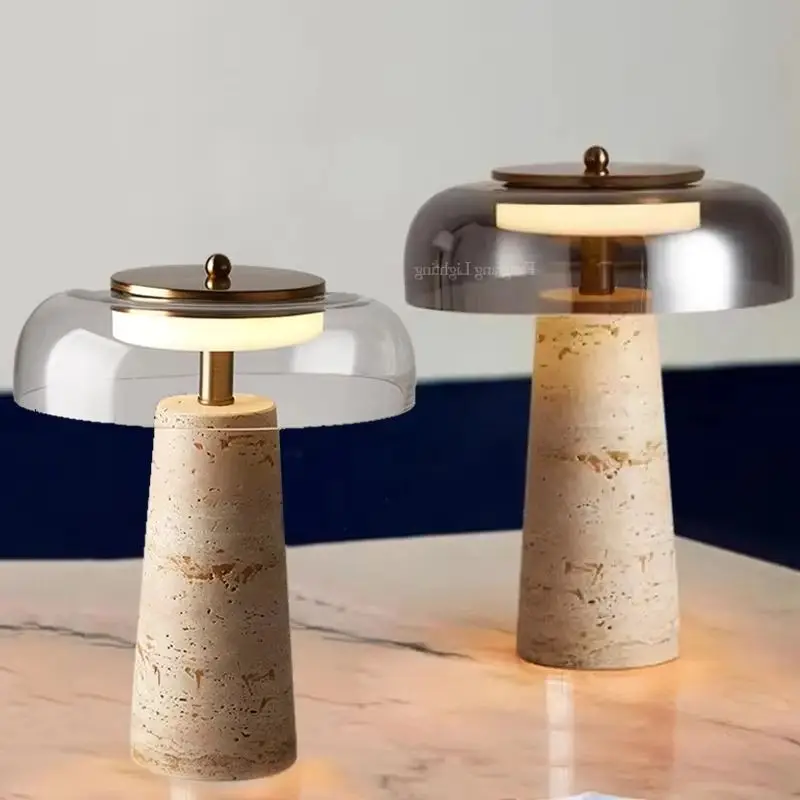 Modern Travertine Table Lamp Natural Stone LED Desk Lamp Indoor Decor Lighting Bedroom Living Room Study Matte Glass Lampshade